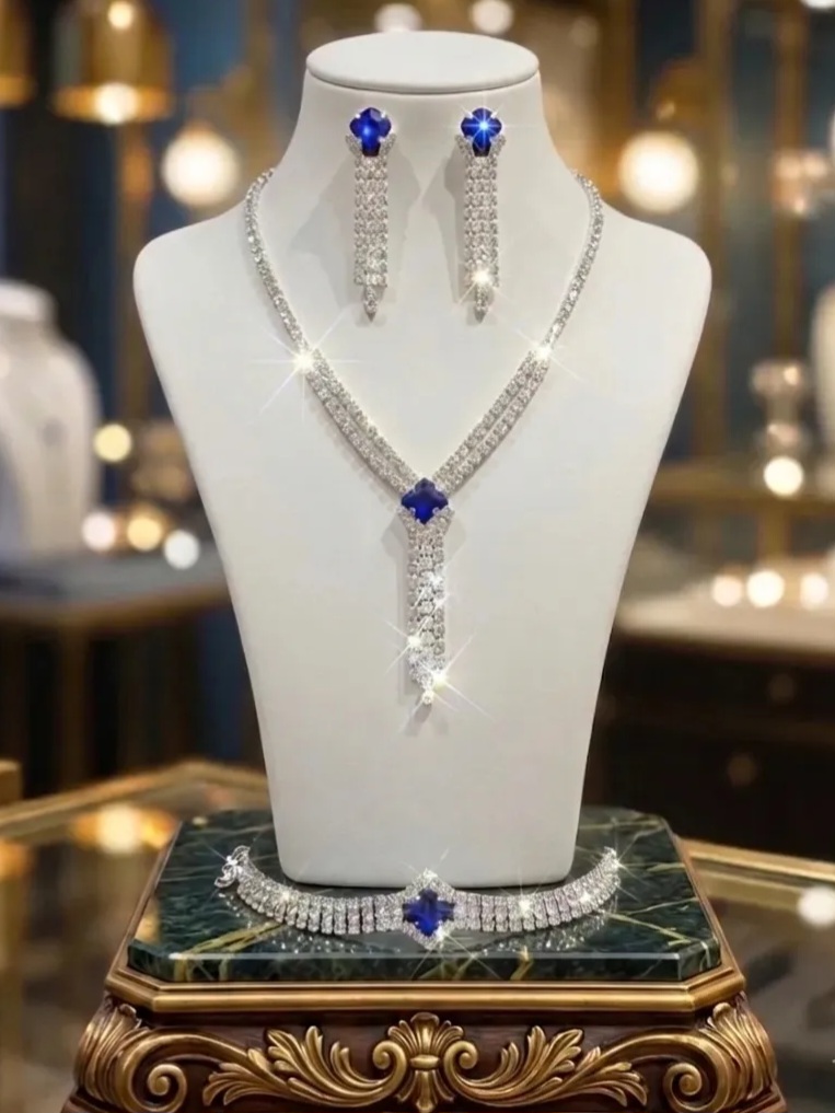 Gümüş Renk Safir Mavisi Taşlı Kravat Model Abiye 3'lü Takı Seti