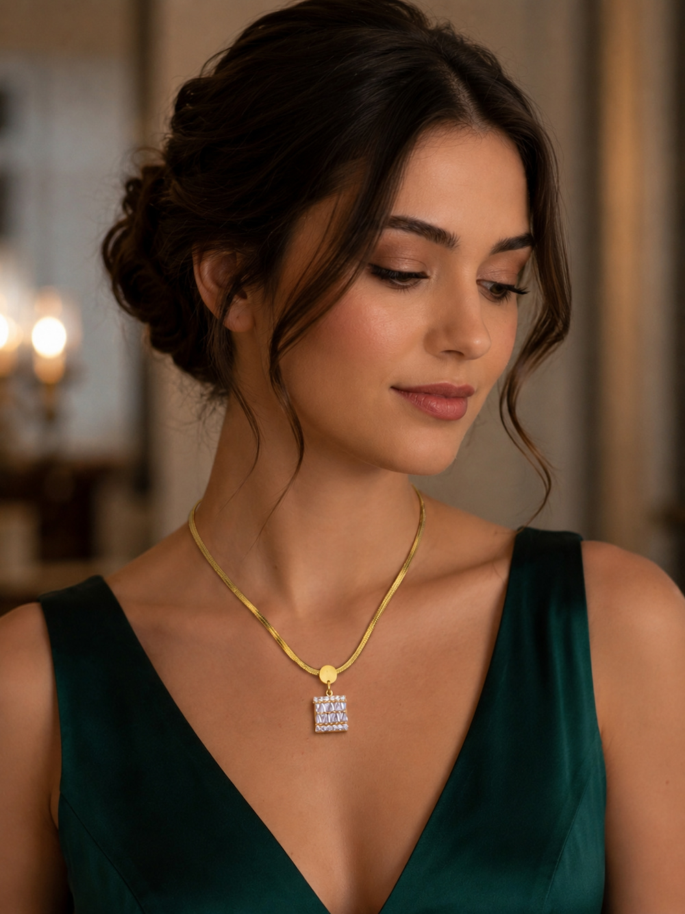 Çelik Kadın Kolye Gold Renk İtalyan Zincir Model Baget Zirkon Taşlı - Görsel 2