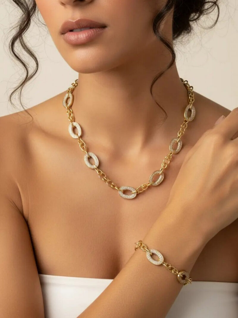 Xuping Gold 14K Zirkon Taşlı Oval Halkalı 2'lü Kombin Set