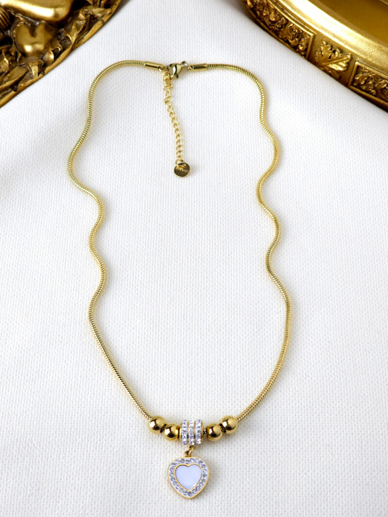 Çelik Gold Renk Kalp Figürlü ve Zirkon Taşlı Charm Kadın Kolye