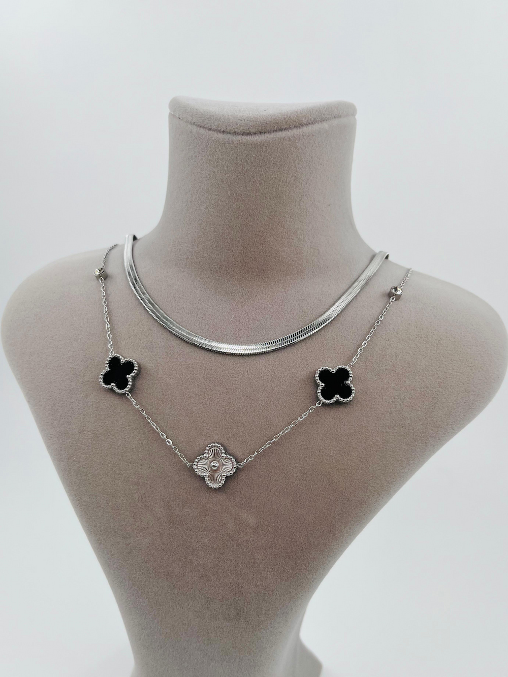 Van Cleef Model Gümüş Renk Çift Katlı Yonca Çelik Kolye